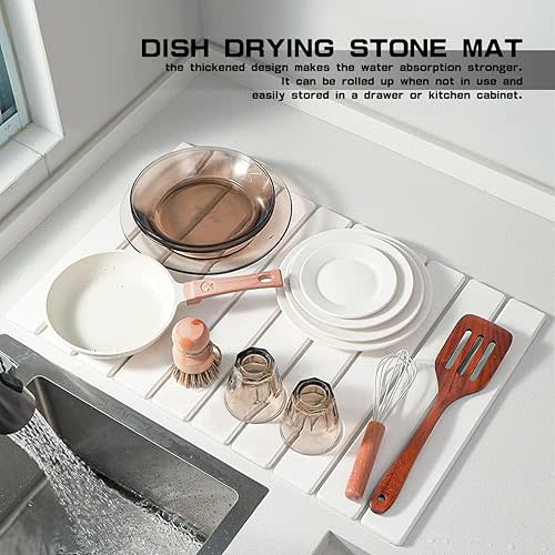 Large Stone Dish Drying Mat for Kitchen Counter, 24"×16" Foldable Diatomaceous Earth Dish Drying Mat Quick Dry Dish Drying Stone Mat for Dish Rack Bottles Cups, Match Any Countertop, White