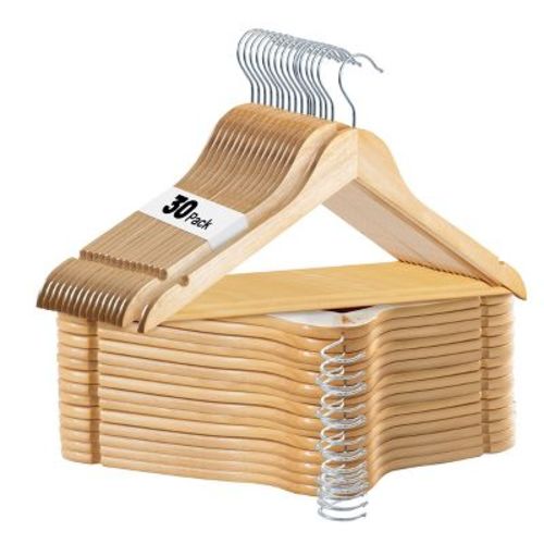 Anti-Slip 30 Pack Wooden Clothe Hangers Heavy Duty Durable Hangers with Rotatable Hook & Shoulder Grooves - Natural