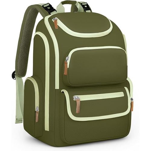 Mancro Diaper Bag Backpack for Woman, Waterproof and Lightweight Large Capacity Baby Girl Diaper Bag, Multipurpose Travel Diaper Bag for Dads Moms,Green and Brown