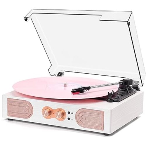 Vinyl Record Player with Built-in Speakers 3-Speed Vintage Record Player Support Treble& Bass Control, 3.5mm Headphone Jack, RCA-Out/Aux in, Belt-Driven LP Turntable,White Rose Gold