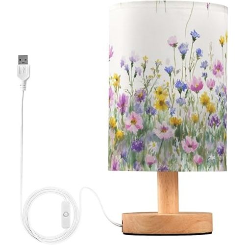 Table Lamp Wildflowers Colorful Nightstand lamp Fabric Lamps with Wood Base Fabric Shade Bedside Desk Lamps for Bedroom Living Kids Room Desk Nursery Office Home Decor