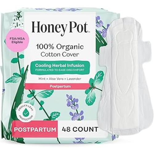 The Honey Pot Company - 48ct - Herbal Postpartum Pads w/Wings - Infused w/Essential Oils for Cooling Effect, Organic Cotton Cover, & Ultra-Absorbent - Feminine Care