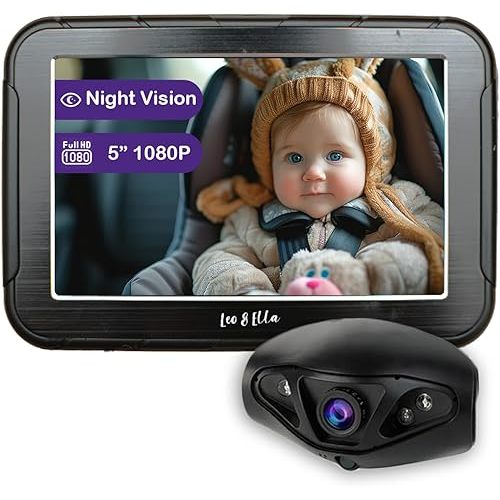 Leo&Ella Baby Car Camera: 5'' 1080P Mirror Monitor with IR Night Vision, Wide-Angle Lens, Easy 5-Minute Installation, Crystal Clear View for Back Seat Rear-Facing, Perfect for Parents' Peace of Mind
