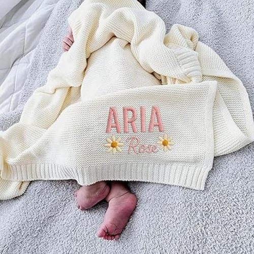 Luxury Personalized Name Knitted Baby Blanket -Embroidered, Soft Breathable Cotton Knit for Newborns - Valentine's Gift for New Moms Baby Boy Girl Birthday Christmas.
