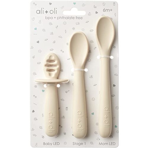 Ali+Oli 3pc Silicone Spoon Set for Baby (Coco) - Unbreakable Self-Feeding Utensils, 6 Months & Up, Multi-Stage Feeding Spoon With Ergonomic Design