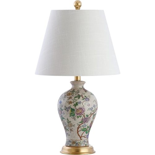 JONATHAN Y 24" Multi-Colored/Gold French Country Ceramic Floral Urn Table Lamp, White Linen Shade, Chinoiserie Ginger Jar Bedside Lamp for Living Room Bedroom, LED Bulb JYL3009A