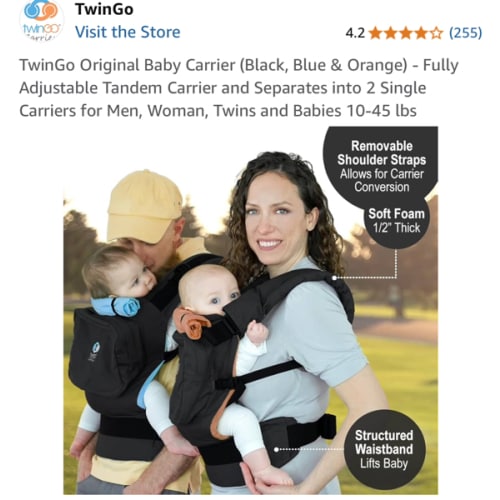 TwinGo Original Baby Carrier (Black, Blue & Orange) - Fully Adjustable Tandem Carrier and Separates into 2 Single Carriers for Men, Woman, Twins and Babies 10-45 lbs