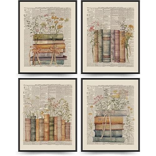 PLKMN Vintage Book Art Wall Decor 8x10, Book Club Decorations, Library Decor, Retro Floral Bookish Gifts Wall Art for Reading Room Classroom Nursery, Set of 4 Unframed