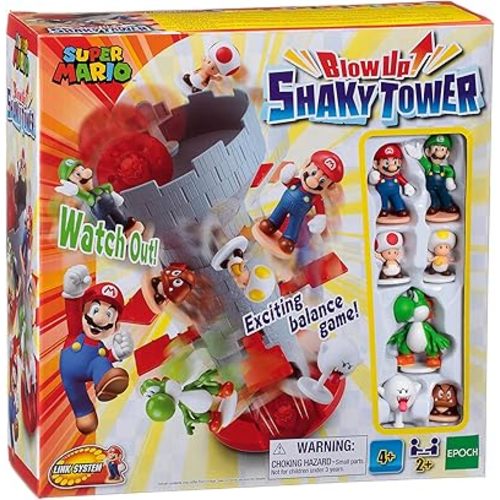 Epoch Games Super Mario Blow Up! Shaky Tower Balancing Game - Tabletop Skill and Action Game with Collectible Super Mario Action Figures (Pack of 1)