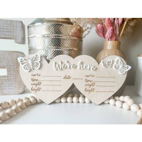 Twin announcement sign, announcement sign, heart sign, butterflies, twins, babies, baby shower gift, gift for her, boho, butterflies, sign