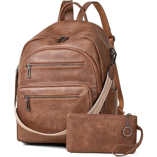 Backpack Purse for Women Fashion Womens Backpack Shoulder Bag Leather Travel Back Pack Purses Daypack Handbag Ladies Daily, 2pcs Sets-Brown