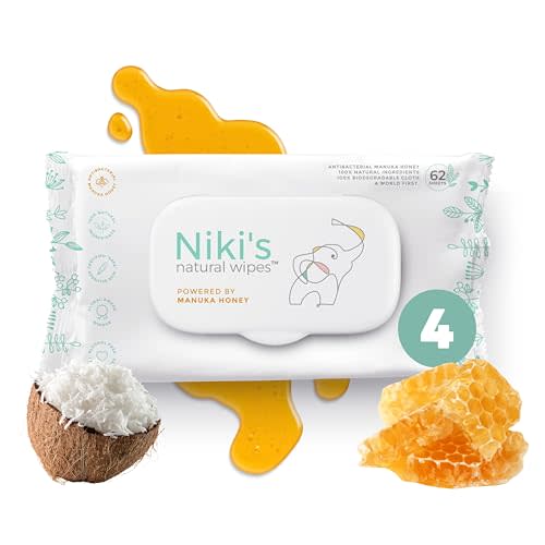 Niki's Natural Baby Wipes | Organic Baby Wipes Sensitive | Made with Manuka Honey and Coconut Oil, Unscented | EWG Verified | 248 Wipes (4 Pack x 62 Count Wipes)
