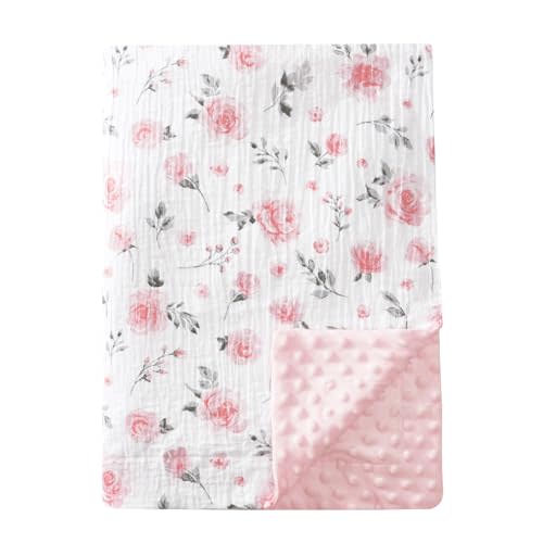 david's kids Muslin Minky Baby Blanket for Girls with Muslin Cotton Front and Dotted Fleece Backing, Breathable and Soft Lightweight Receiving Blanket for Newborns, 30x40 Inches, Floral