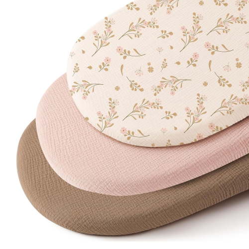 Muslin Bassinet Sheets for Baby Girl Boy, 3 Pack Soft Breathable Baby Bassinet Mattress Sheets Fit for Hourglass Oval Cradle, Moses Basket Rectangle Mattress