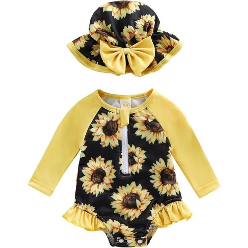 Baby Girls Swimsuit Long Sleeve Zipper Bathing Suit One Piece Swimwear with Hat