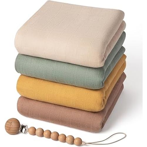Moonkie Muslin Swaddle Blankets with Pacifier Clip, Soft Baby Blankets for Boys and Girls, Breathable Receiving Blankets, Baby Swaddles Wrap for Newborns, Toddler Essentials, 47 x 47 inches, 4 Pack