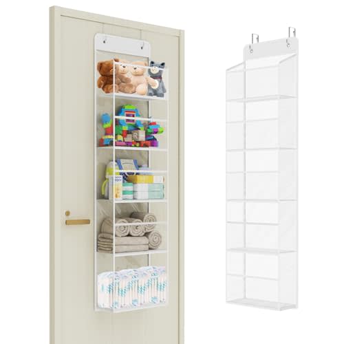 Univivi Over The Door Organizer Behind The Door Storage, Baby Door Storage with 5 Clear Plastic Pockets & 2 Big Metal Hooks for Cosmetics, Bathroom, Nursery and Sundries