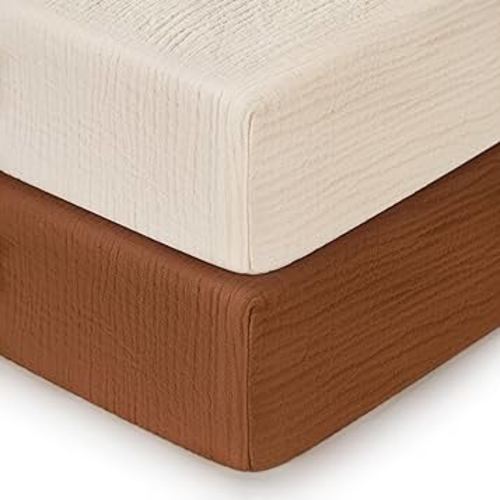 Pro Goleem 2 Pack Muslin Crib Sheets for Boys and Girls, Soft Breathable Neutral Fitted Cotton Baby Bed Sheets Set for Standard Crib Mattress & Toddler Mattress 52"x28", (Brown＆Beige)
