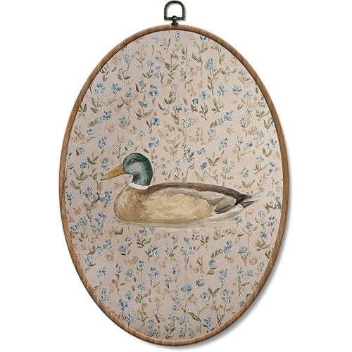 Yorhifa Boho Mallard Duck Nursery Framed Wall Art, Cottagecore Botanical Floral Duck Oval Wall Art, Country Wildlife Waterfowl Oval Walls Decor, Rustic Canvas Artwork Hanging Decor, 8.5x11.5in