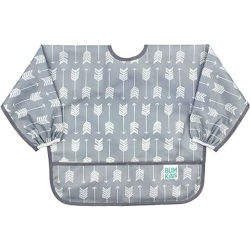 Bumkins Sleeved Bib for Girl or Boy, Baby and Toddler for 6-24 Mos, Essential Must Have for Eating, Feeding, Baby Led Weaning Supplies, Long Sleeve Mess Saving Food Catcher, Soft Fabric, Gray Arrows