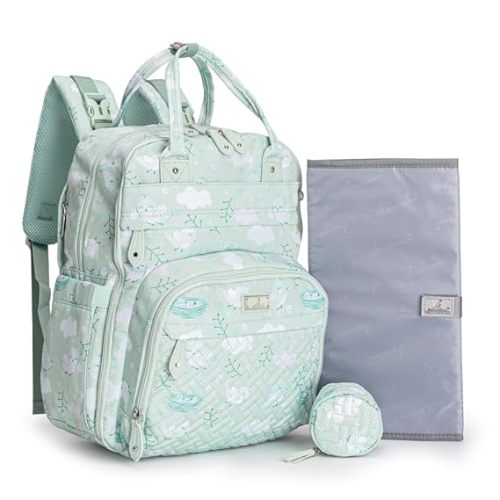 BabbleRoo Diaper Bag Backpack - Baby Essentials, Travel Essentials Baby Bag with Changing Pad, Stroller Straps & Pacifier Case - Unisex, Green Birdy