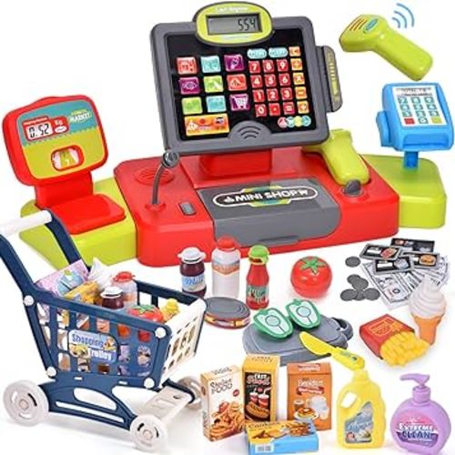 G.C Kids Cash Register Toy Pretend Play with Real Calculator Sound Scanner/Shopping Cart/Food/Play Money, Learning Counter Grocery Store Playset Toys Gift for Kid Boy Girl Age 3 4 5 6 7 8 Years Old