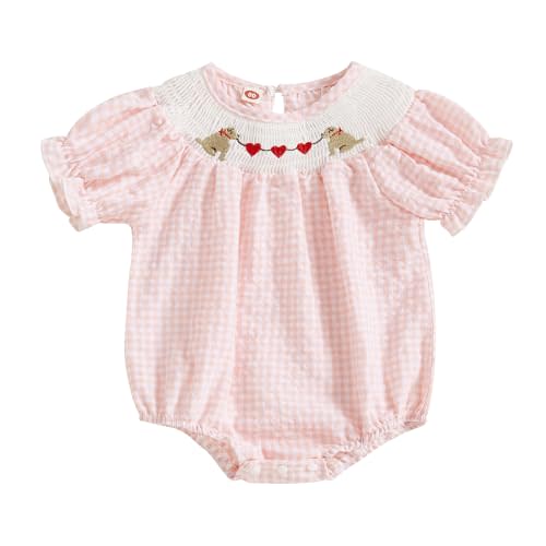 Kayotuas Baby Girl Valentines Outfit Love Heart Smocked Bubble Romper Puff Short Sleeve Bodysuit Cute Toddler Summer Clothes