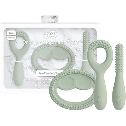 ezpz Oral Development Tools - 3 Months+ (3 Pack in Sage) - Non-Slip Loop, Smile and Stick, 100% Silicone Tools to Practice Feeding + Chewing - Sensory Bumps - Dishwasher Safe