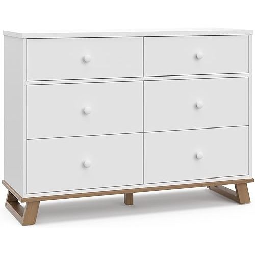 Storkcraft Modern 6 Drawer Double Dresser (White with Vintage Driftwood) – GREENGUARD Gold Certified, Modern Double Dresser for Nursery and Kids Bedroom, Wide Dresser Organizer for Children’s Bedroom