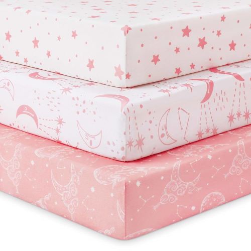Baby Crib Sheets for Boys Girls, Fitted Crib Sheet Neutral 3 Pack for Standard Crib and Toddler Mattress, Breathable Soft Microfiber Baby Sheet 28x52x8in Pink White Moon