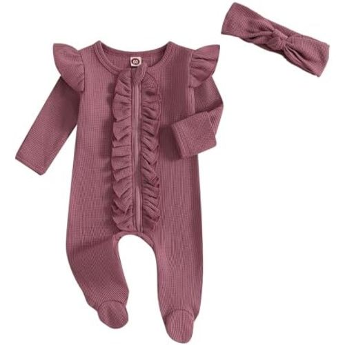Newborn Baby Romper Infant Girl One-piece Outfit Waffle Ruffle Zip Footie Spring Summer Clothes With Bow Headband