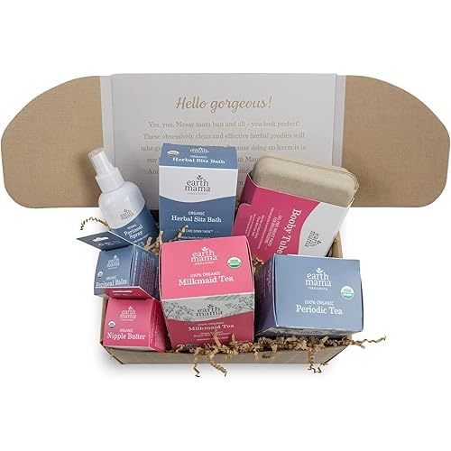 Earth Mama Postpartum Essentials Recovery Gift Set for Mom| Organic Self Care Gifts for Mom, Nipple Butter, Perineal Spray & Balm, Sitz Bath, Milkmaid & Periodic Tea and Booby Tubes, 7-Piece Set