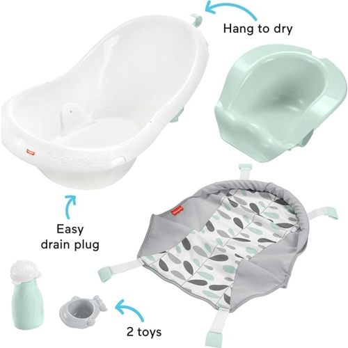 Fisher-Price Baby to Toddler Bath 4-in-1 Sling ‘n Seat Tub with Removable Infant Support and 2 Toys, Climbing Leaves