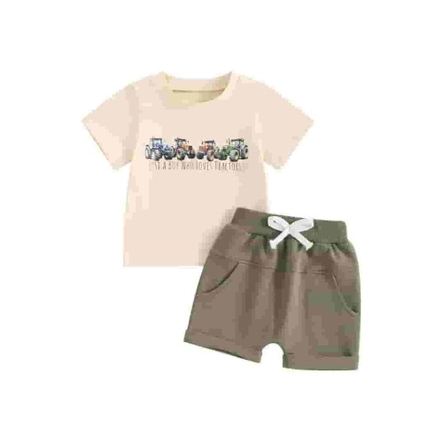 Toddler Baby Boys Summer Outfits 0 6 12 18 24 Months 2T 3T Truck Letter Print Short Sleeve T-Shirts Tops Elastic Waist Shorts 2Pcs Clothes Set