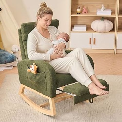 FOXHUNTER Rocking Chair for Nursery with High Backrest & Foot Rest-Nursery Rocking Chairs with Side Storage Pocket for Breastfeeding,Modern Glider Chair for Baby Bedroom,Living Room,Teddy Green
