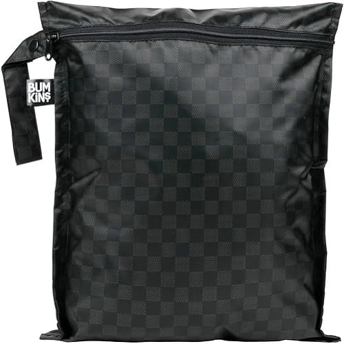 Bumkins Waterproof Wet Bag for Baby, Travel, Swim Suit, Cloth Diapers, Pump Parts, Pool, Gym Clothes, Toiletry, Hook to Stroller, Pack for Daycare, Zipper Reusable Bag, Wetdry Pack Pouch, Black Check