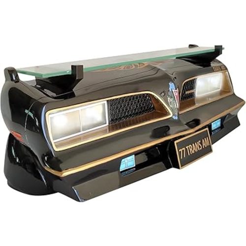 Sunbeltgifts 1977 SE Pontiac Trans AM Wall Floating Shelf, Black and Golds, 19x7.1x7.2 in, Tempered Glass, Battery Powered LED Headlights, Car Enthusiast Gift