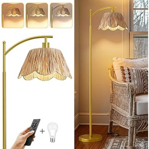 Oneach Boho Floor Lamp with 3 Color Temperatures, Farmhouse Floor Lamps for Living Room with Remote & Dimmable Bulb, Rattan Floor Lamp for Bedroom, Gold