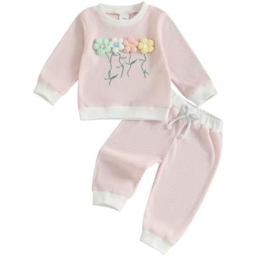 Toddler Clothes For Girls Baby 3D Flower Fall Winter Outfits Stripes Waffle Sweatshirt Pullover Cute Pants Set