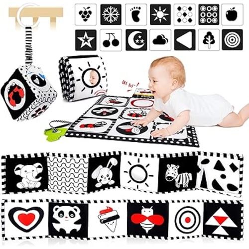 Baby Toys 0-6 Months, Notique 19 Pcs Newborn Black and White Baby Toys Montessori Tummy Time Toys 0 3 6 9 Months, Sensory Soft Book for Babies, Educational Cards Baby Essentials Infant Toys Baby Gifts