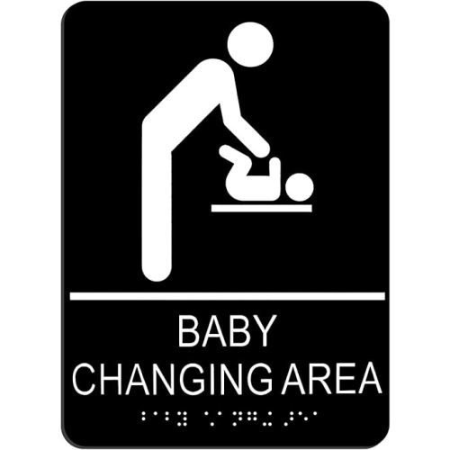 Baby Changing Area Sign for Business, ADA Compliant Braille Restroom Sign, 8.27 x 5.9 inch Diaper Changing Station Sign with Adhesive Back, Black Acrylic Baby Changing Station Sign