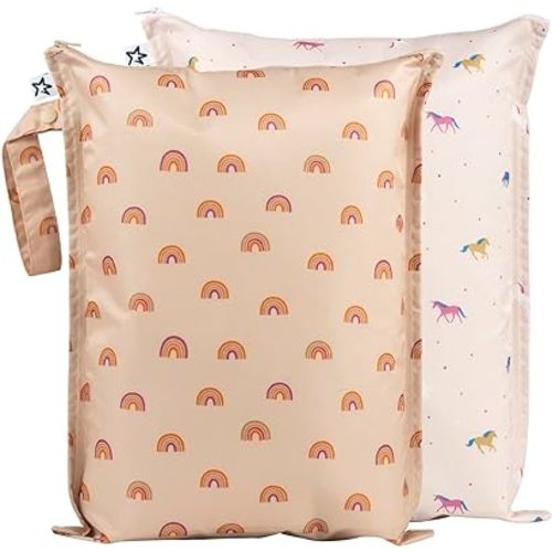 Tiny Twinkle Mess-proof Wet Bags 2 Pack Waterproof and Washable Bag for Travel storage, Stroller, Daycare, Baby Diapers, Yoga, Beach, Pool, Wet Toddler Swimsuits