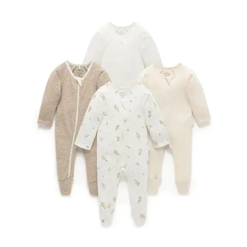 Purebaby 4 Pack Zip Growsuit Wattle Bee | Baby Bunting AU