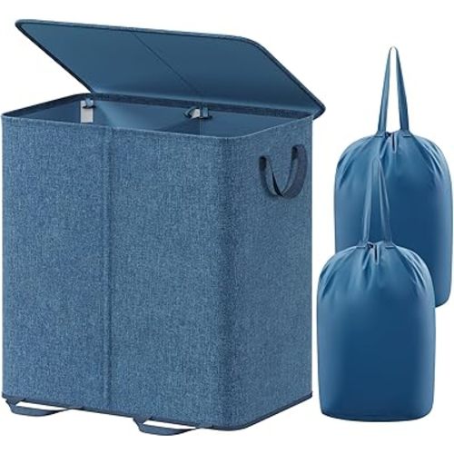 Lifewit Double Laundry Hamper with Lid and Removable Laundry Bags, Large Collapsible 2 Dividers Dirty Clothes Basket with Handles for Bedroom, Laundry Room, Closet, Bathroom, College, 136L Blue