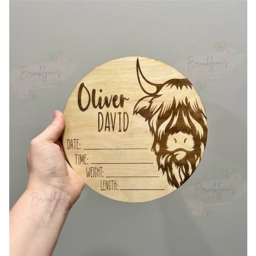 Highland Cow Baby Birth Round Announcement