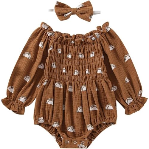 2pcs Infant Baby Girls Romper Dress Headband Long Sleeve Clothing Flowers Newborn Boho Girl Outfit Jumpsuit Clothes - 0-6 Months - Brown-sun Printed
