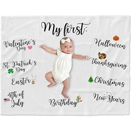 Personalized Baby Monthly Blanket for Neutral Boy Girl, My First Holiday Growth Chart Blanket, Baby Newborn Background Soft Cozy Memory Blanket Nursery Decor