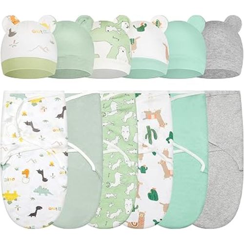 ramede 6 Pack Baby Swaddle Blanket with Hats Set for 0-3 Months Preemie Newborn Sacks Soft Cotton Wearable for Baby Boy and Girl (Green, Alpaca)