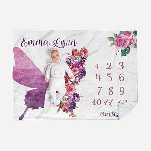Custom Baby Monthly Milestone Blanket - Personalized Name with Butterfly Design Photography Background - Soft Plush Blankets with Double Layer Dotted Backing for Boys Girls Gift Color07(30"x40")