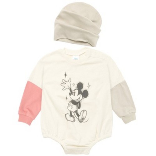 Disney Mickey Mouse Newborn Baby Boy or Girl French Terry Oversized Sweatshirt Bubble Romper Bodysuit and Hat White / Gray 3-6 Months